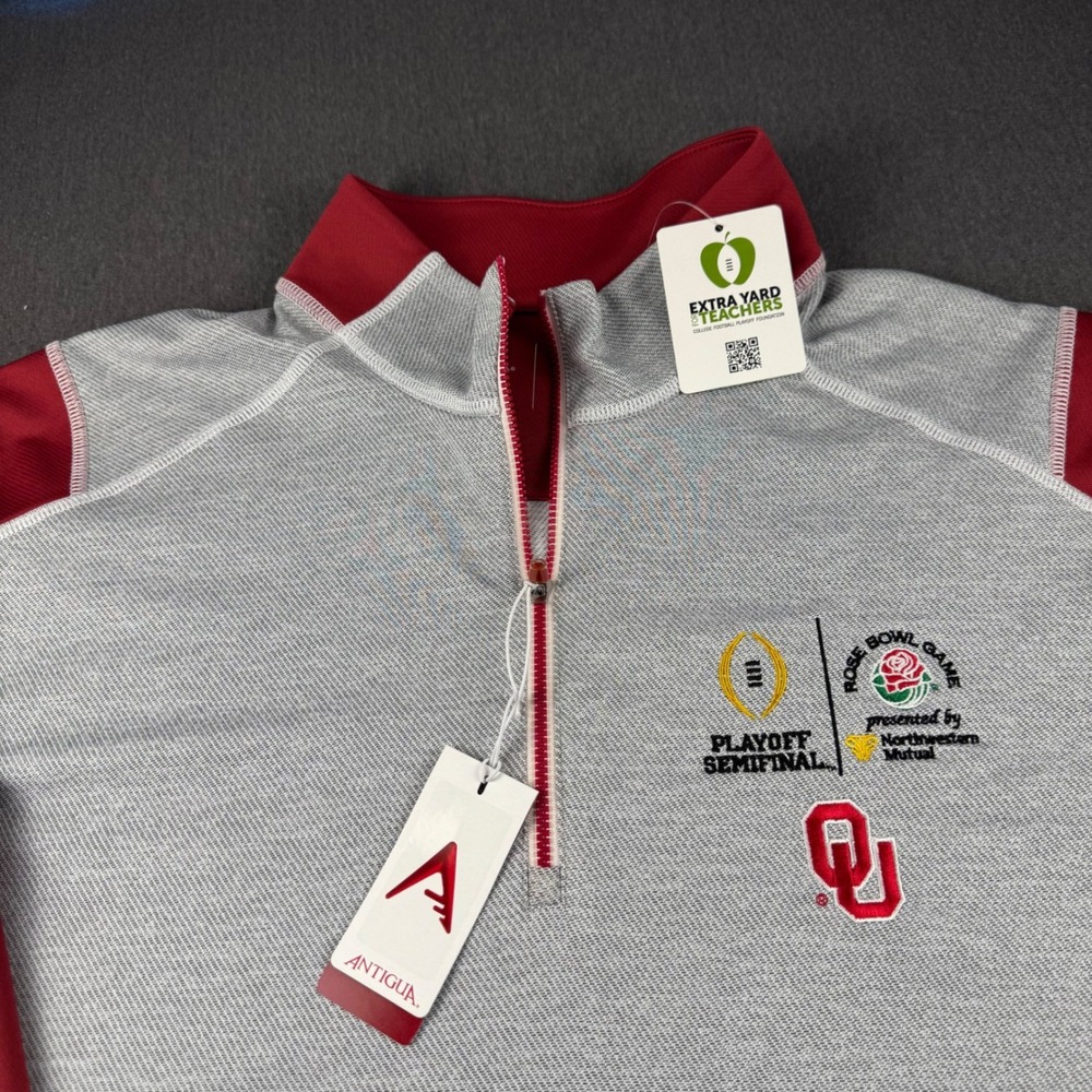 Antigua Oklahoma Sooners Rose Bowl CFP Quarter Zip Pullover Mens XXL Gray Red